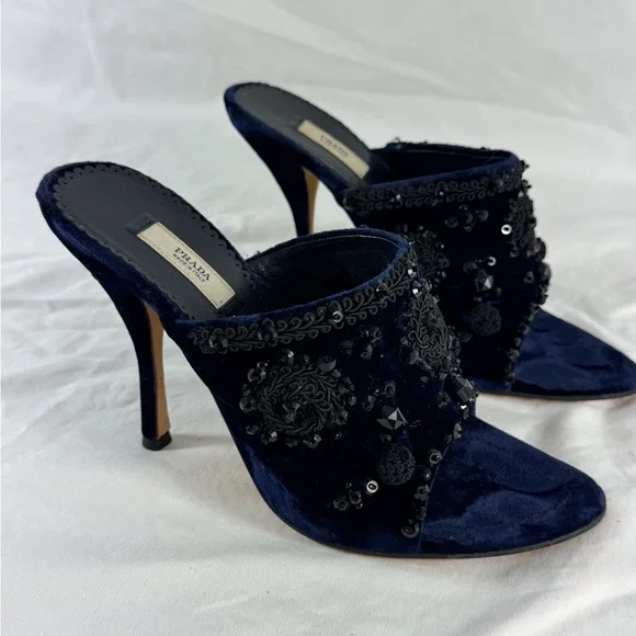 PRADA Navy Blue Velvet Faux Stone Embroidered Heels Sandals
